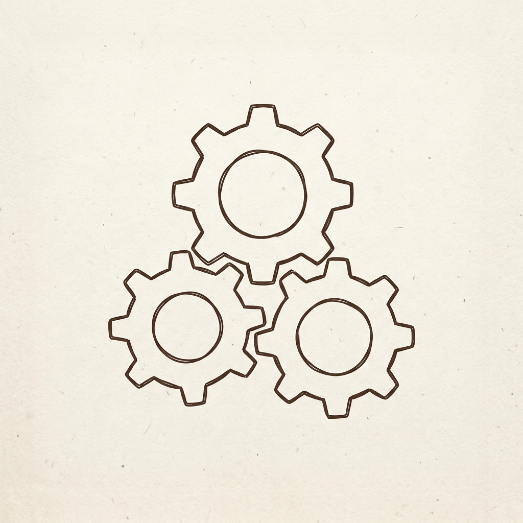 Three interlocking gears drawn on a framed cream background
