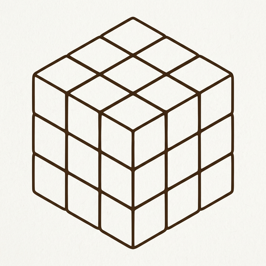 Three-dimensional cube drawn with dark brown grid lines on an off-white background